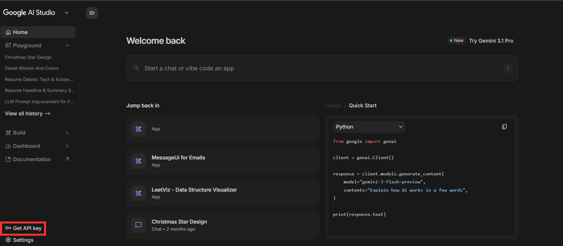Left sidebar with Get API Key highlighted