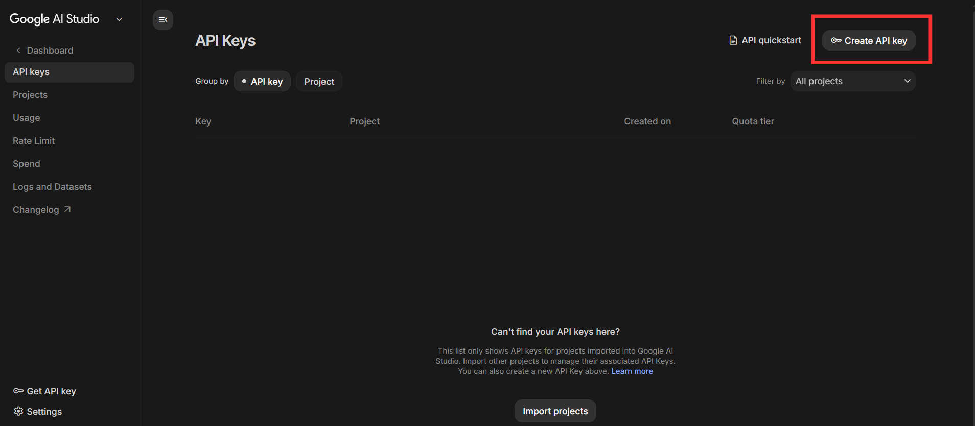 Google AI Studio — Create API Key dialog