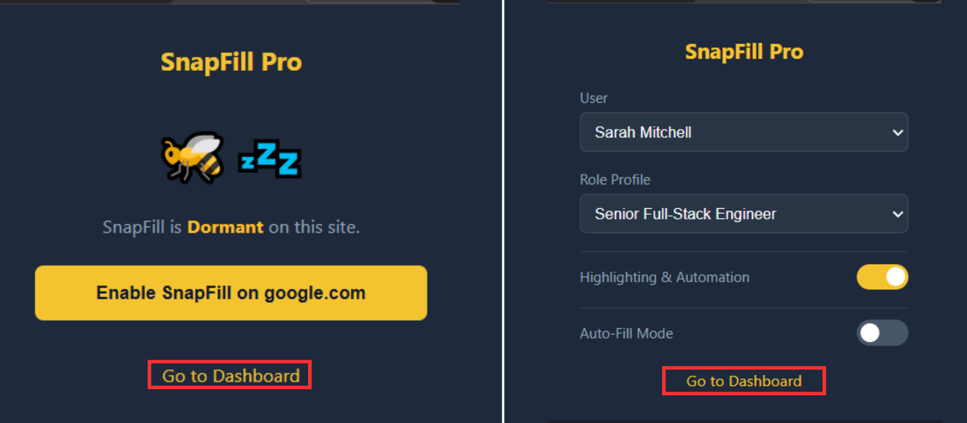 SnapFill Pro popup with Open Dashboard button