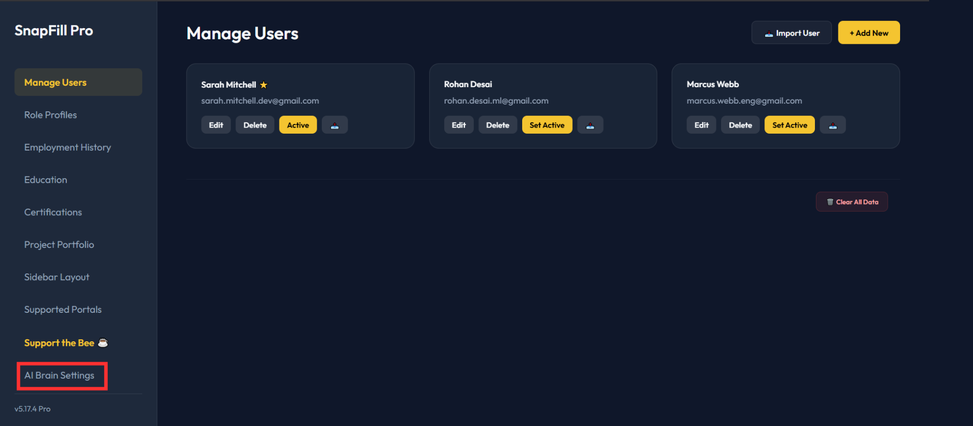 SnapFill Dashboard with AI Brain Settings highlighted