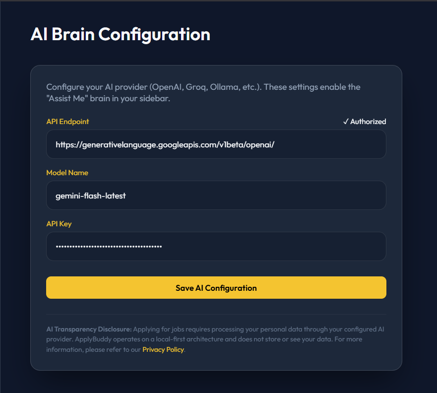AI Brain Settings with API key field filled and Connected status