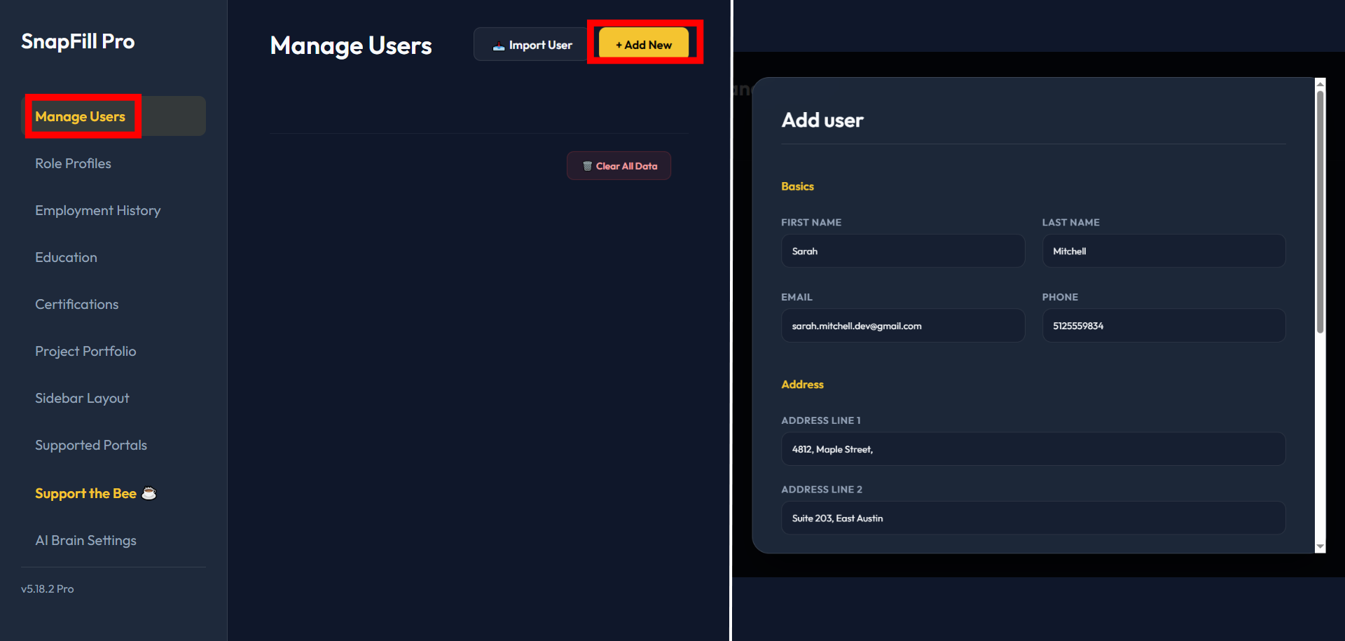 SnapFill Pro dashboard — Add New User dialog
