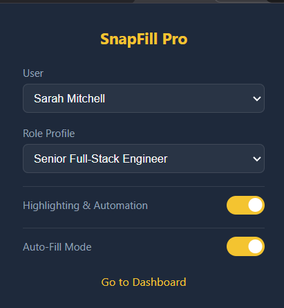 SnapFill Pro Sidebar showing autofill data points