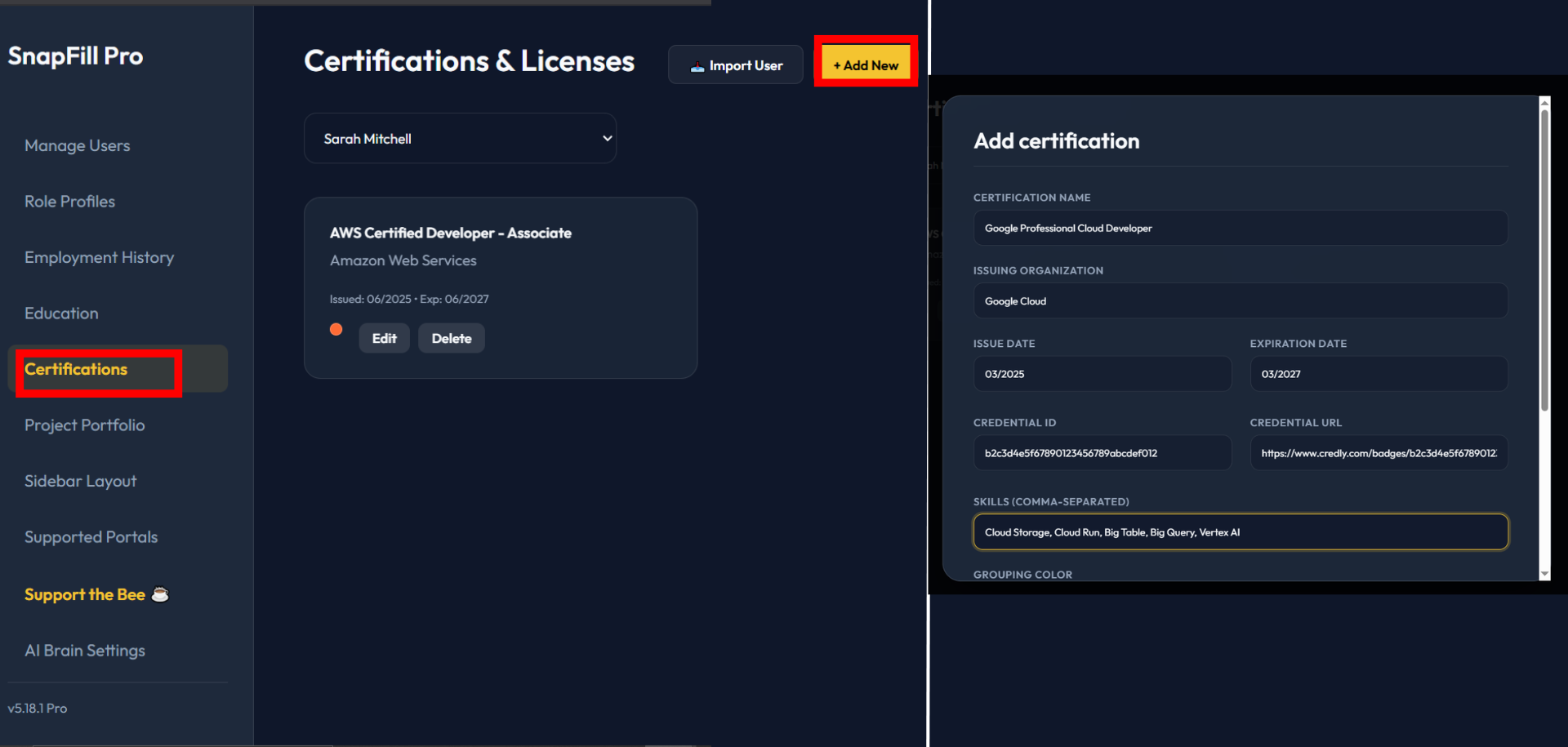 SnapFill Pro Certifications tab