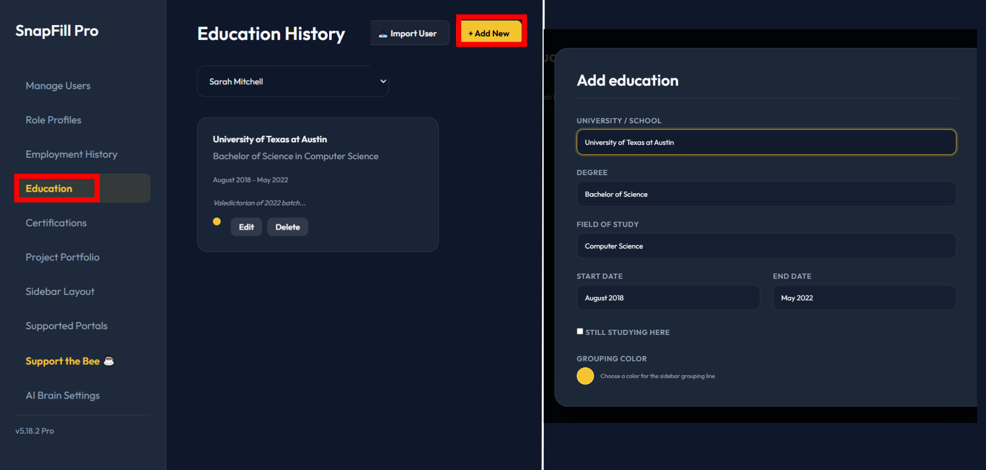 SnapFill Pro Education tab