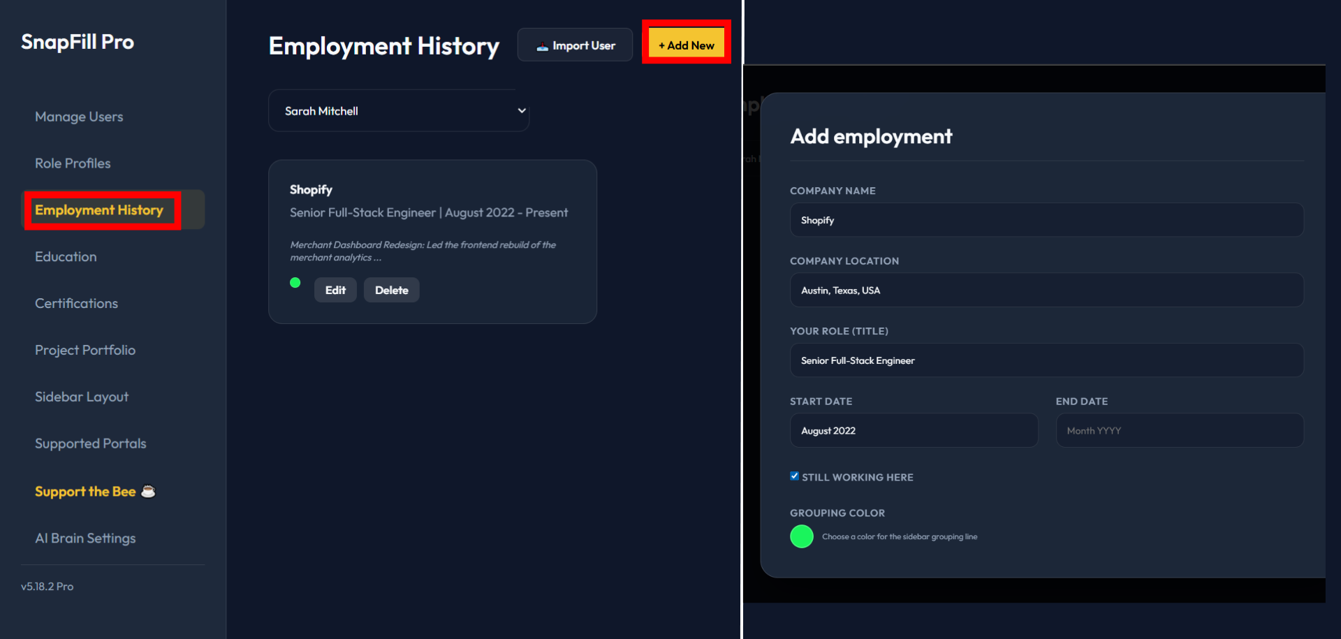 SnapFill Pro Employment History tab