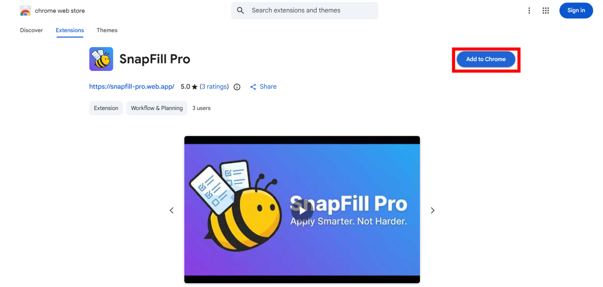 SnapFill Pro page on the Chrome Web Store
