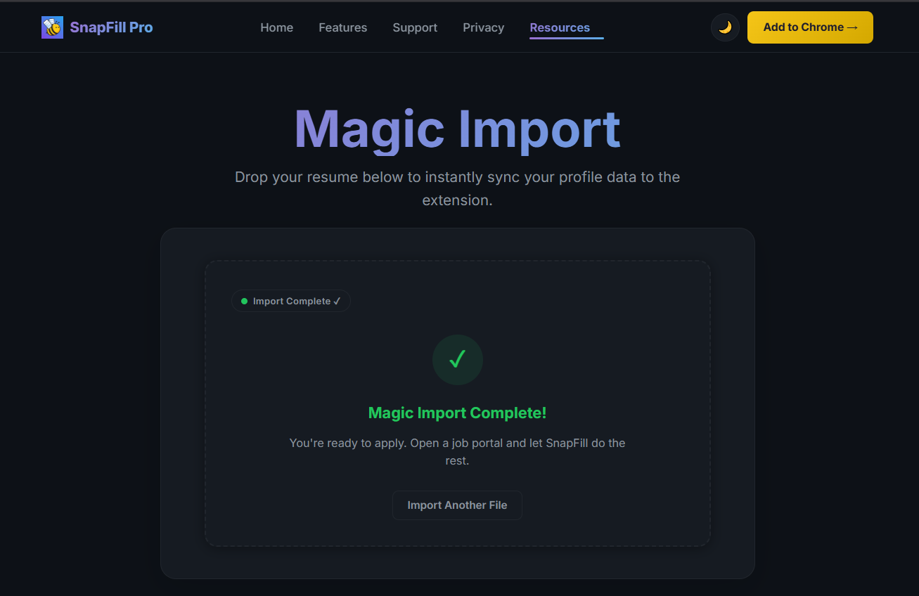 Magic Import Complete confirmation screen