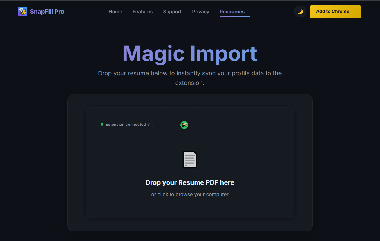 Magic Import page showing the resume drop zone with Extension connected status