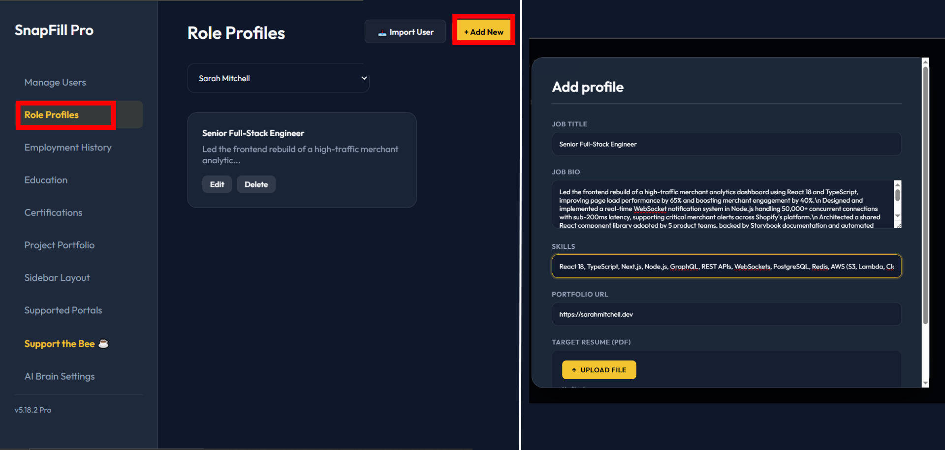 SnapFill Pro Role Profiles tab